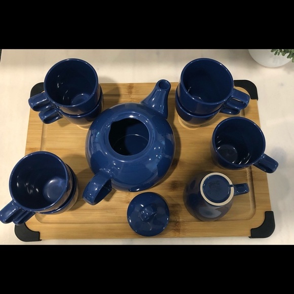 IKEA (8) set Fargrik Blue Coffee Tea Mugs and Teapot  Stackable 8oz - Picture 2 of 9